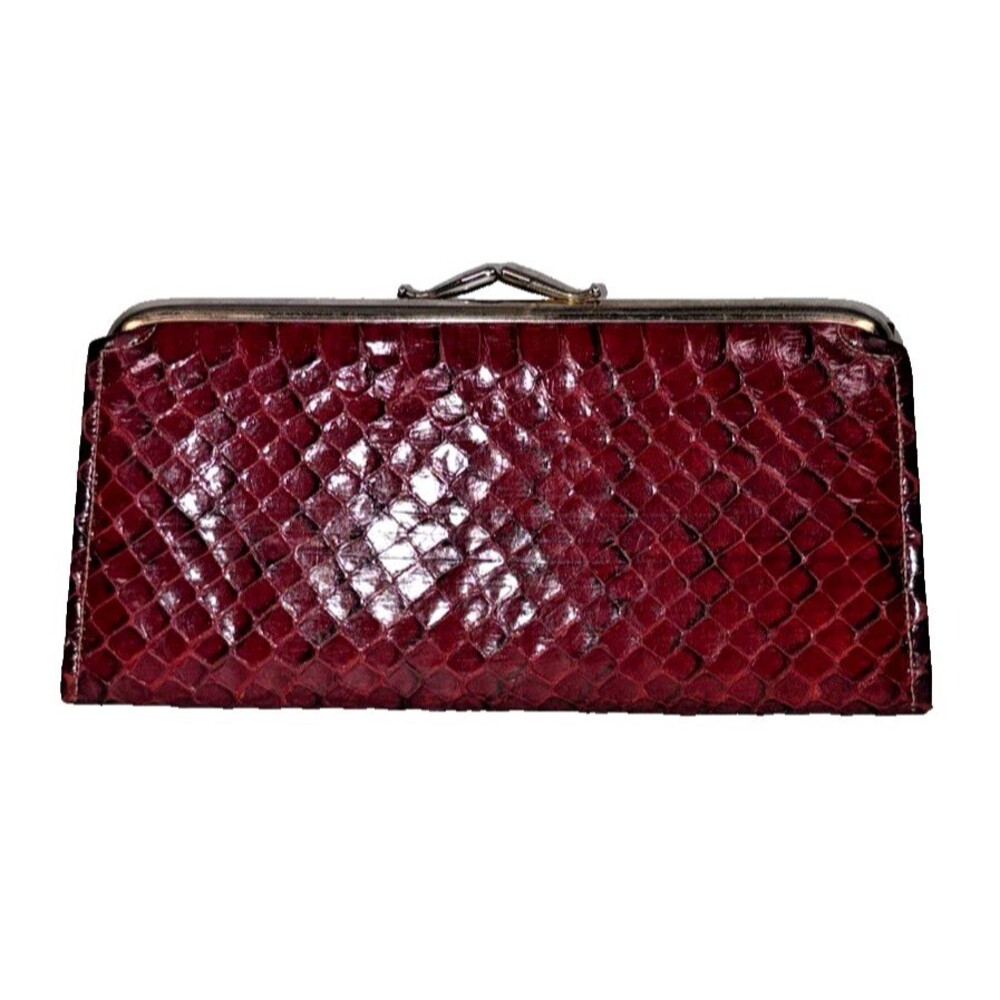 Vintage Baronet Genuine Cobra Snakeskin Red Wallet Clutch Checkbook Purse - Picture 2 of 16